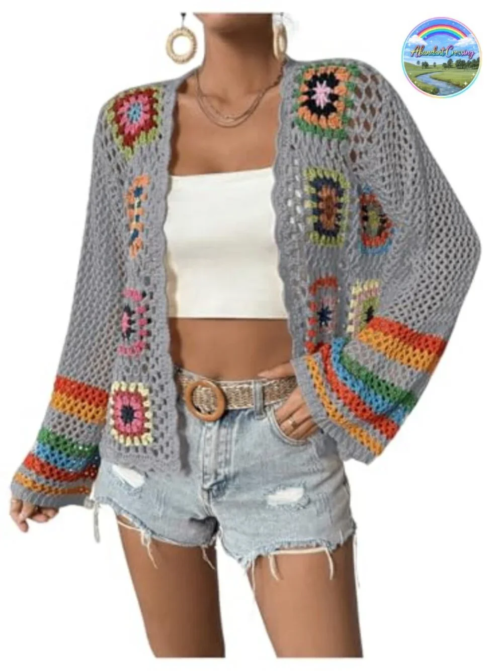 Floral Crochet Open Front Cardigan Sweater Long Sleeve Lightweight Casual